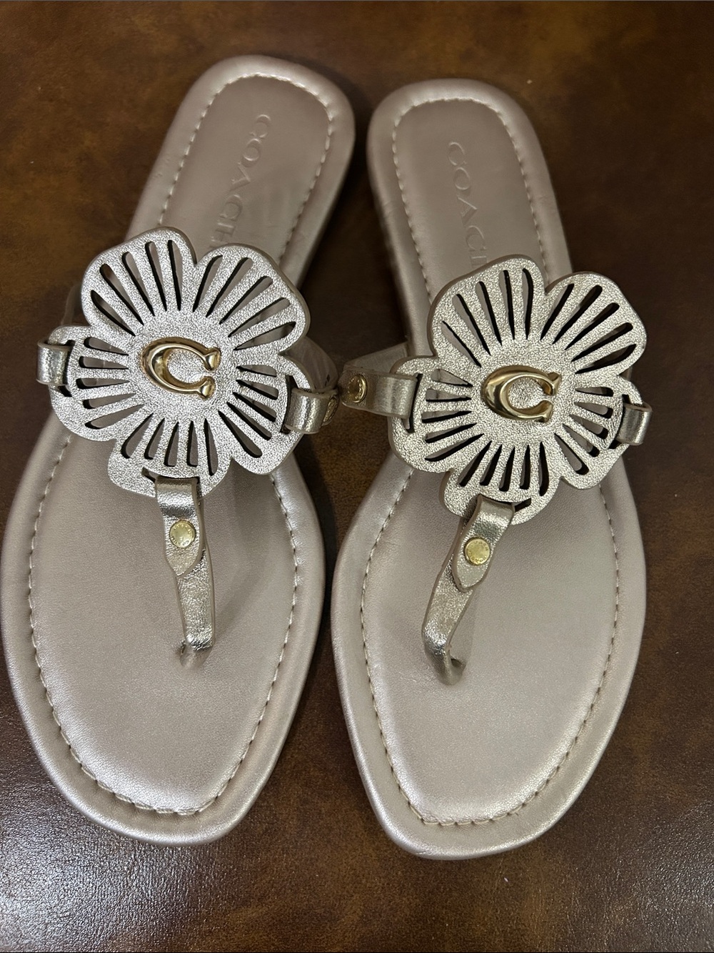 Coach Metallic Gold Floral Thong Sandals - Women's